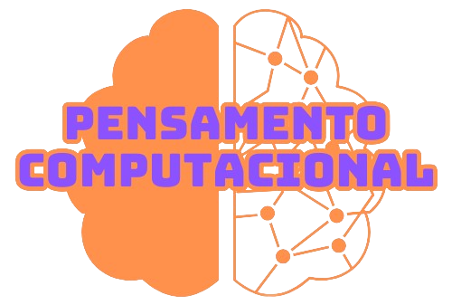 Logo do curso Pensamento Computacional, o desenho de um cérebro laranja, com metade sendo conexões como se fosse artificial, com o nome do curso no centro